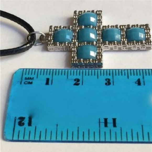 Aqua Turquoise Cross Necklace Southwestern Country Western Silver Tone Simulated - Picture 8 of 8